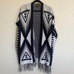TAXI Black White Geometric Knit Open Cardigan Sweater with Fringe Size S